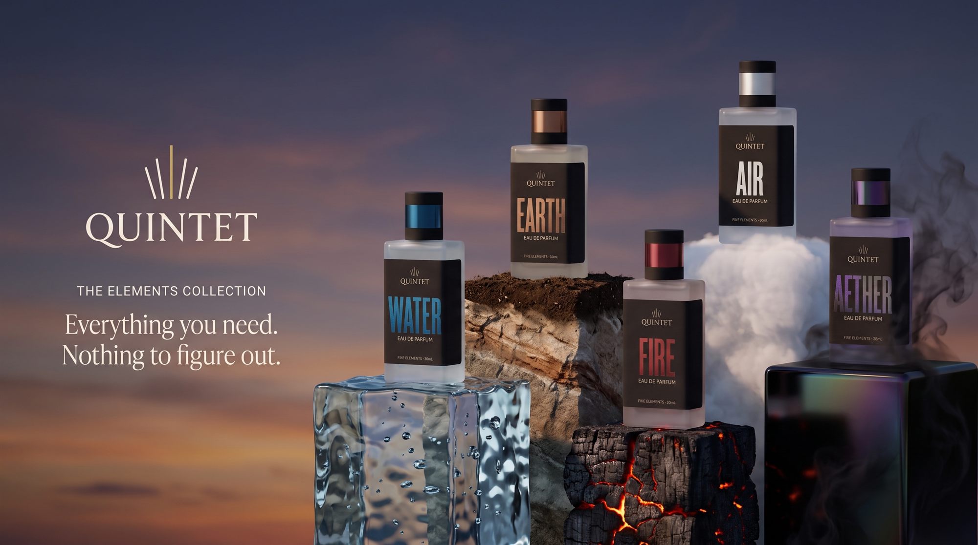 The Elements Collection — five QUINTET bottles on plinths made of their own element against a dusk sky