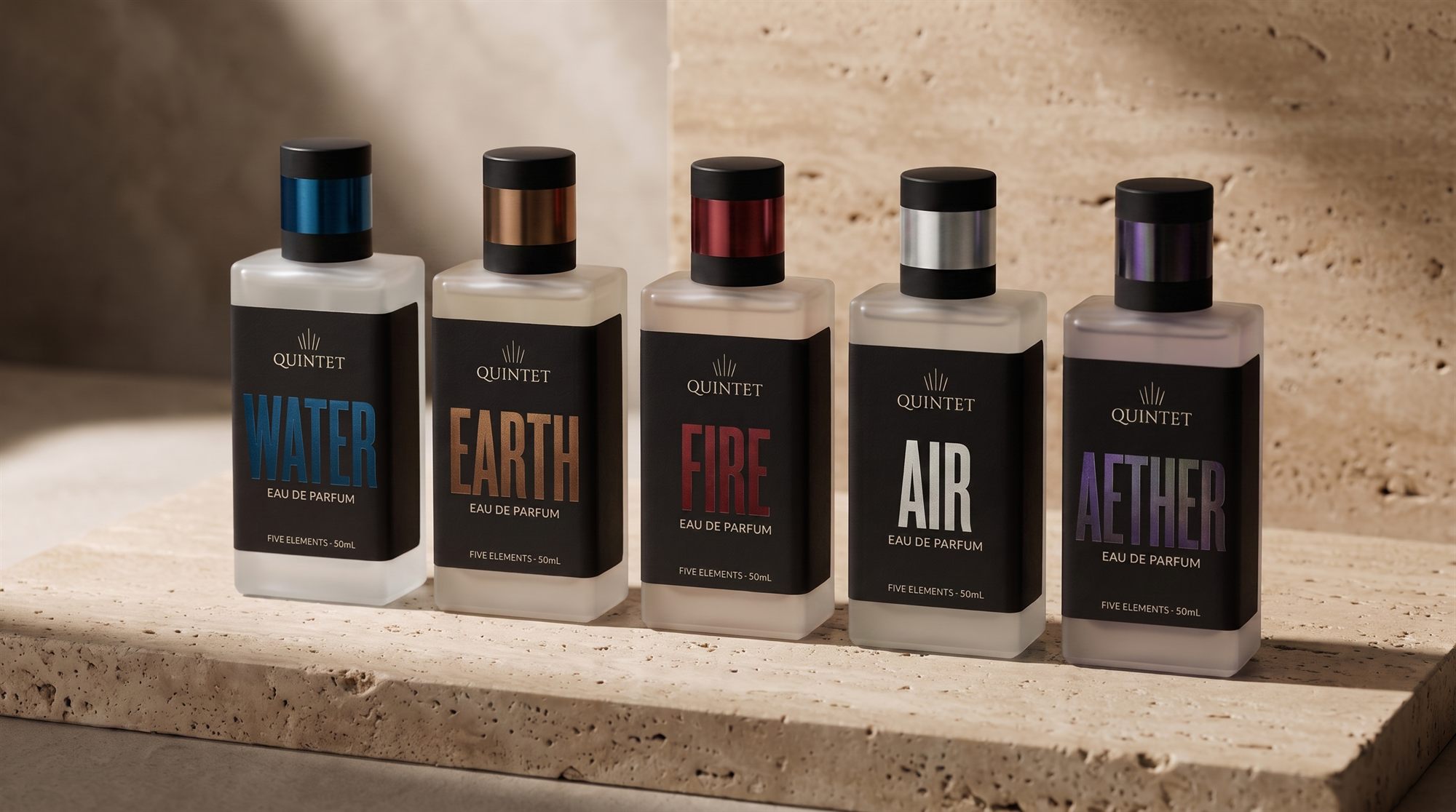 All five QUINTET eau de parfum bottles lined up on travertine stone
