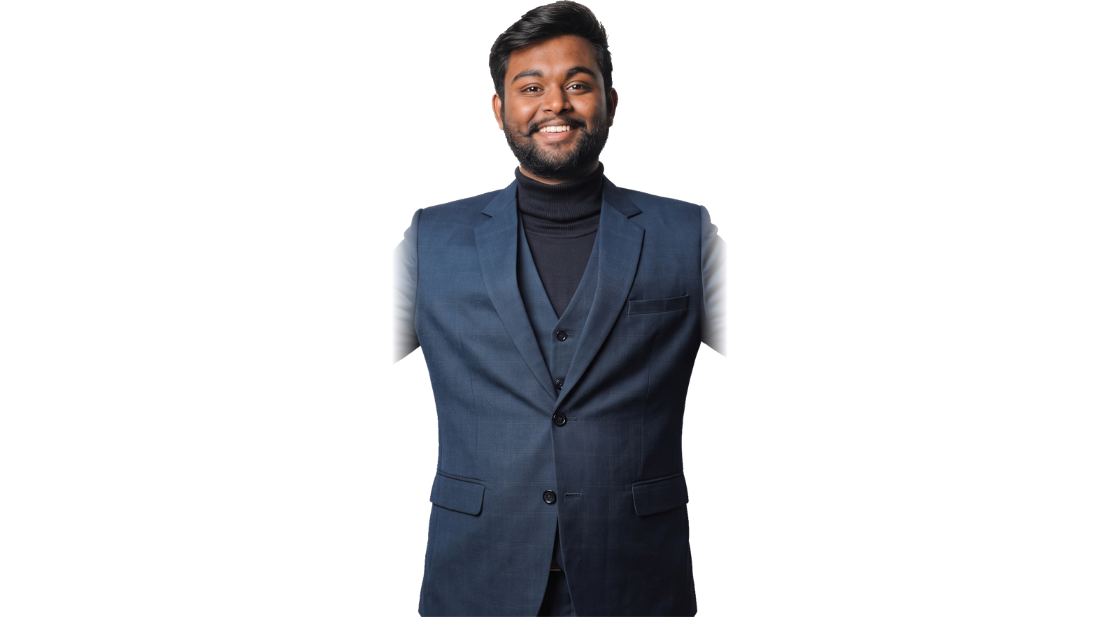 Vishnu Nakkella in a navy suit, arms open, standing in front of his work